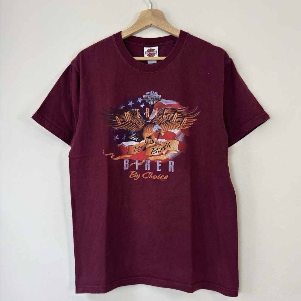 Vintage Y2k Harley Davidson Motorcycle Flag USA Maroon Red Tee Shirt - Medium
